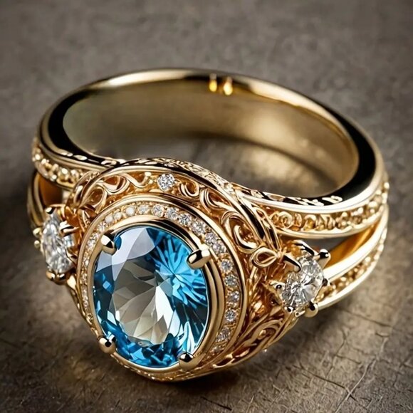 Elegant Golden Ring with Sparkling Blue Cubic Zirconia. Color Golden. - Picture 2 of 3